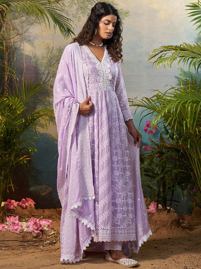 Floral Embroidered V Neck Anarkali Pure Cotton Kurta With Trousers & Dupatta