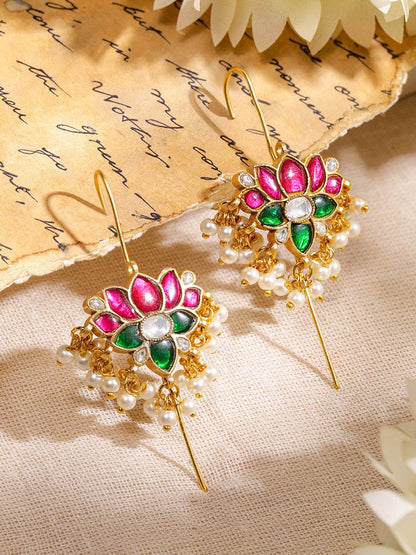 Dhiyona RJ Women's 22K Gold-Plated Ruby Pink, Emerald & Kundan Pearl Beads Lotus Design Ear Cuff