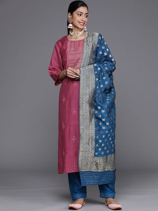 Dhiyona VA Women's Pink Ethnic Motifs Embroidered Silk Crepe Kurta with Trousers & With Dupatta