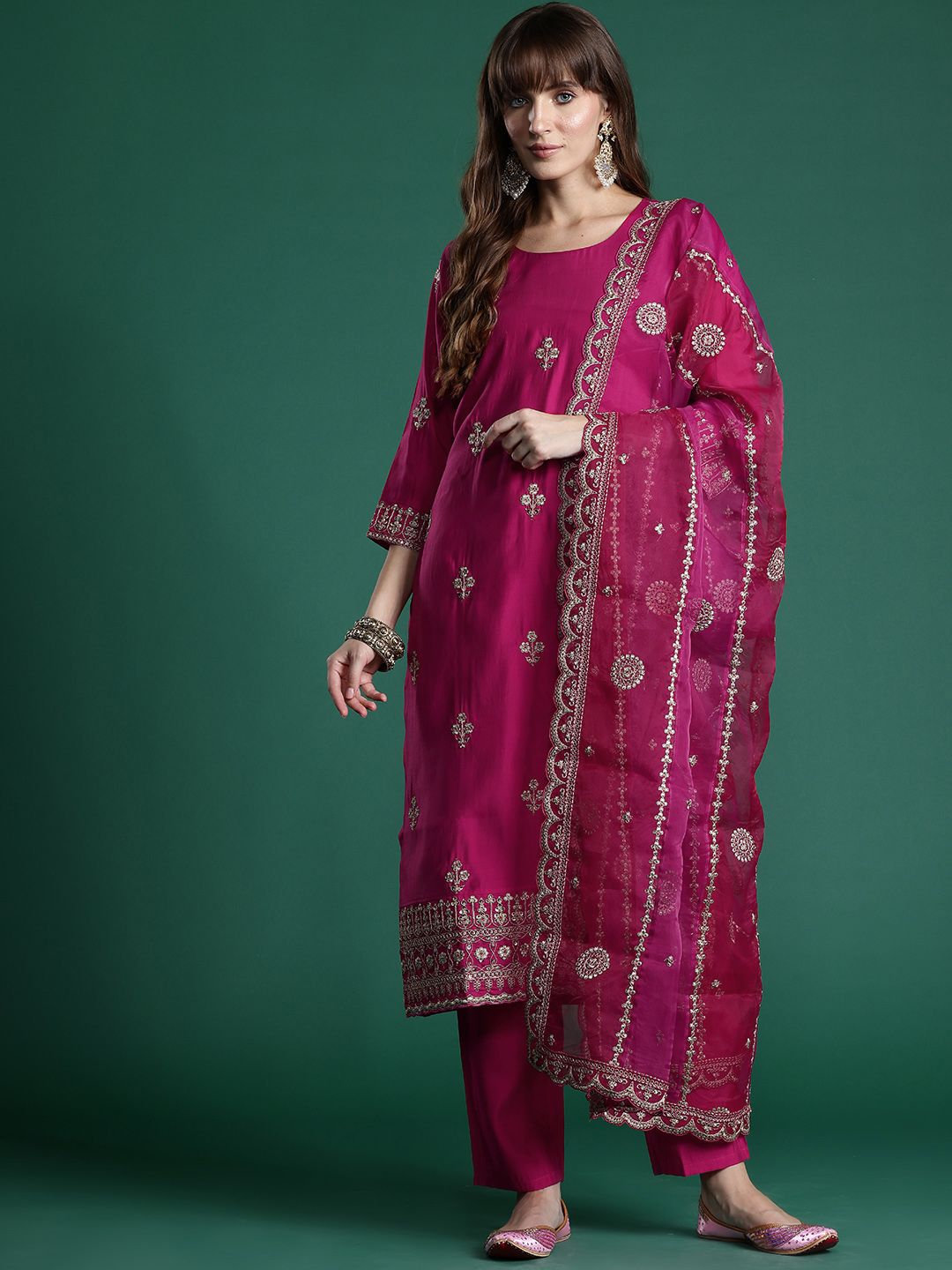 Floral Embroidered Sequinned Kurta With Trousers & Dupatta