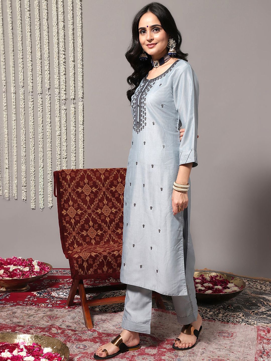 Dhiyona VA Women'sBlue Ethnic Motifs Embroidered Kurta With Trousers & Dupatta