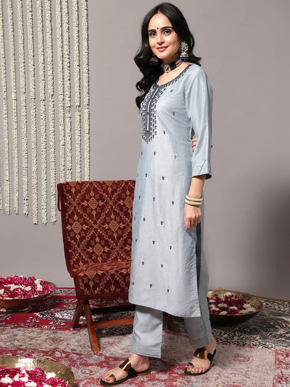 Dhiyona VA Women'sBlue Ethnic Motifs Embroidered Kurta With Trousers & Dupatta
