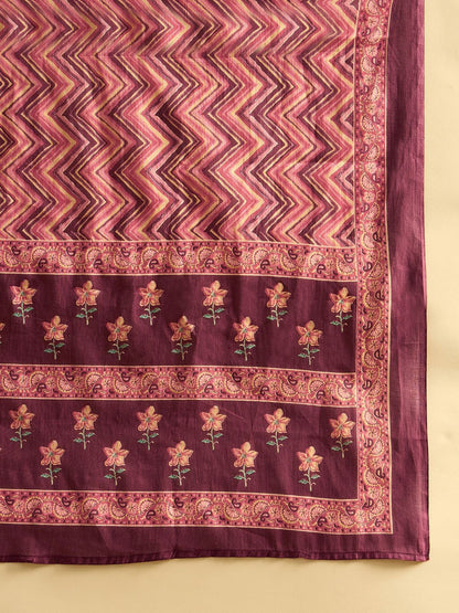 Purple Floral Printed V-Neck Pure Cotton Straight Kurta with Trousers & Dupatta