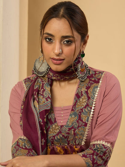 Dhiyona IE Floral Yoke Design V-Neck Pure Cotton Straight Kurta With Trousers & Dupatta