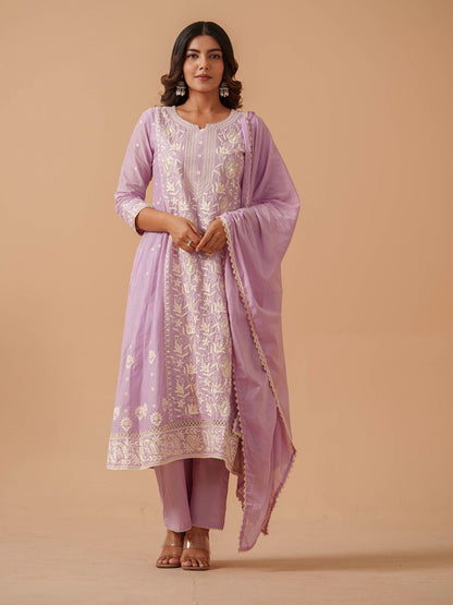 Dhiyona PD Women Embroidered 100% Cotton Straight Kurta & Trousers With Dupatta