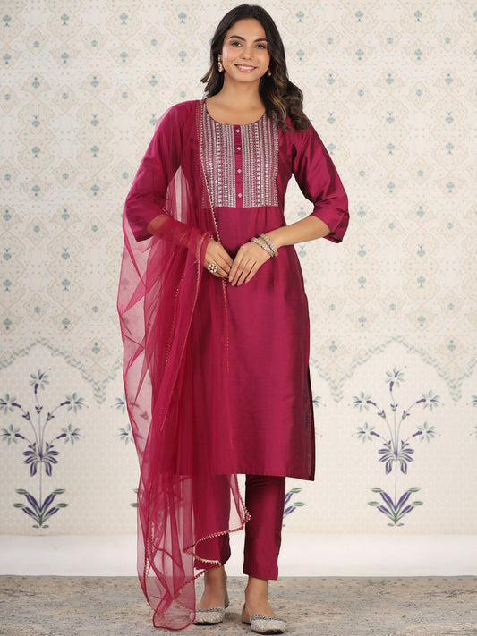 Dhiyona OD  Ethnic Motifs Yoke Design Straight Kurta With Trousers & Dupatta