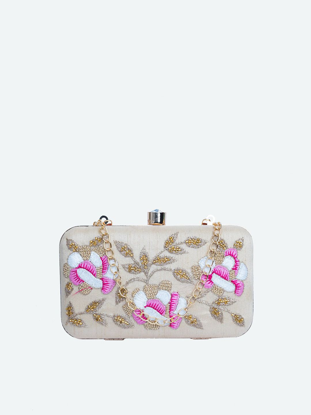 Dhiyona NR Women Beige & Pink Hand Embroidered Box Clutch