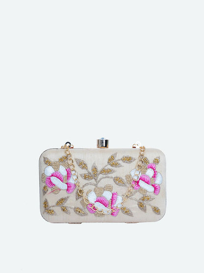 Dhiyona NR Women Beige & Pink Hand Embroidered Box Clutch