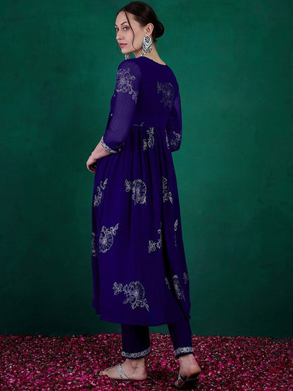 Dhiyona SN Women's Floral Printed Embroidered Anarkali Kurta With Trouser
