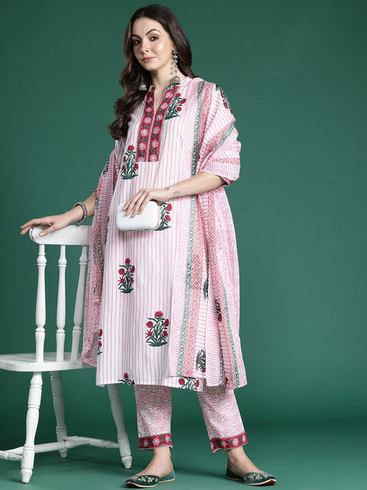 Dhiyona IE Floral Printed Pure Cotton Kurta with Trousers & With Dupatta
