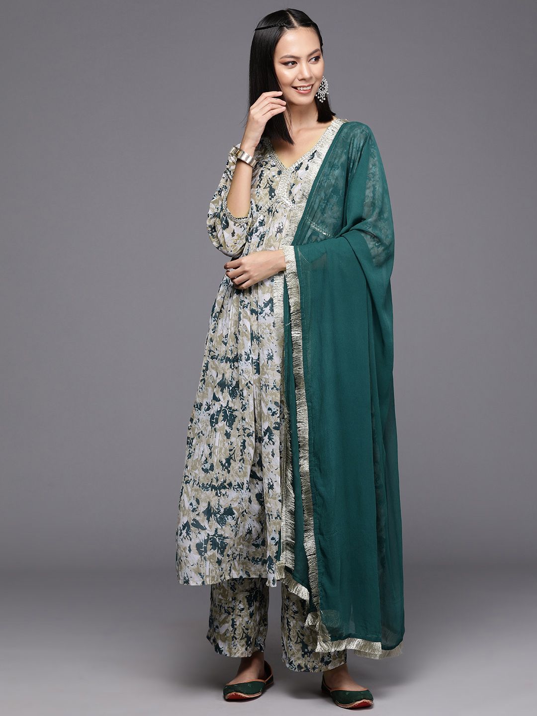 Dhiyona VA Women's Printed Pleated Silk Georgette Kurta with Trousers & Dupatta