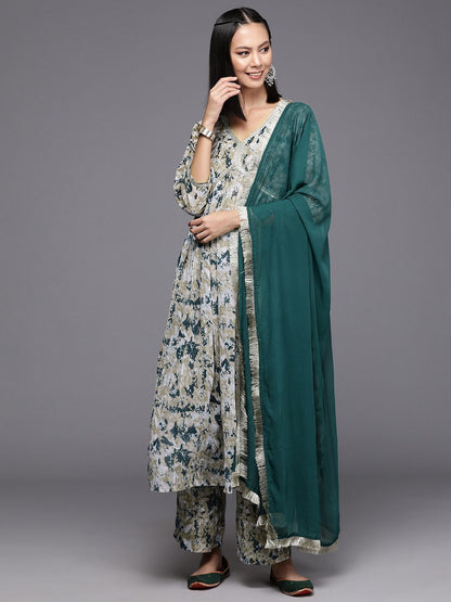 Dhiyona VA Women's Printed Pleated Silk Georgette Kurta with Trousers & Dupatta