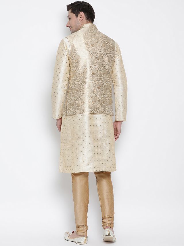 Men's Gold Silk Blend Straight Jacket  Kurta and Pyjama Set