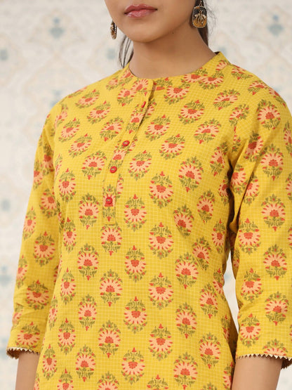 Dhiyona OD  Ethnic Motifs Printed Band Collar Pure Cotton Kurta with Trousers