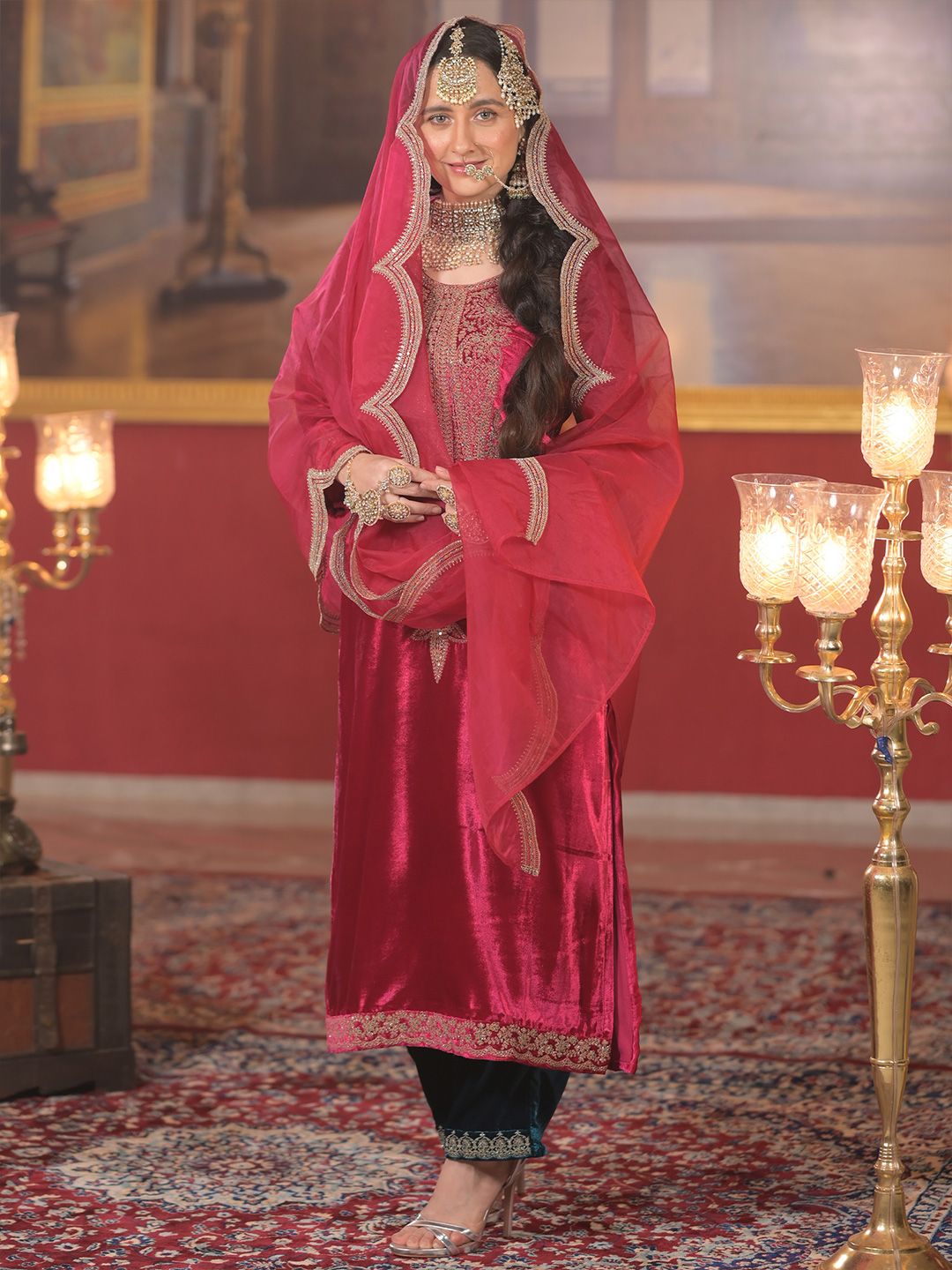 Ethnic Motifs Embroidered Sequinned Velvet Kurta With Trousers & Dupatta