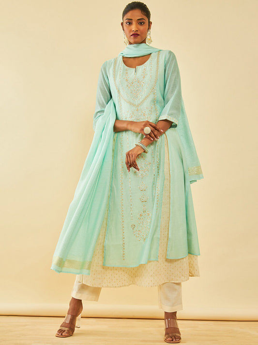 Dhiyona SO Women's Floral Embroidered Layered Thread Work Chanderi Silk Kurta with Trousers & Dupatta