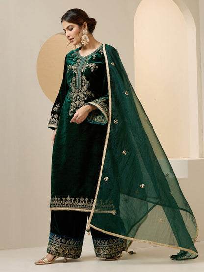Dhiyona IS Women's Floral Motifs Zari Embroidered Velvet Kurta With Palazzos & Dupatta