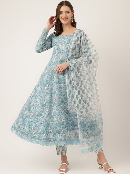 Dhiyona KL Floral Printed Pure Cotton Anarkali Kurta With Trousers & Dupatta