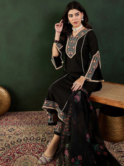 Dhiyona SN Women's Sequence Embroidered A-Line Kurta & Trousers With Dupatta