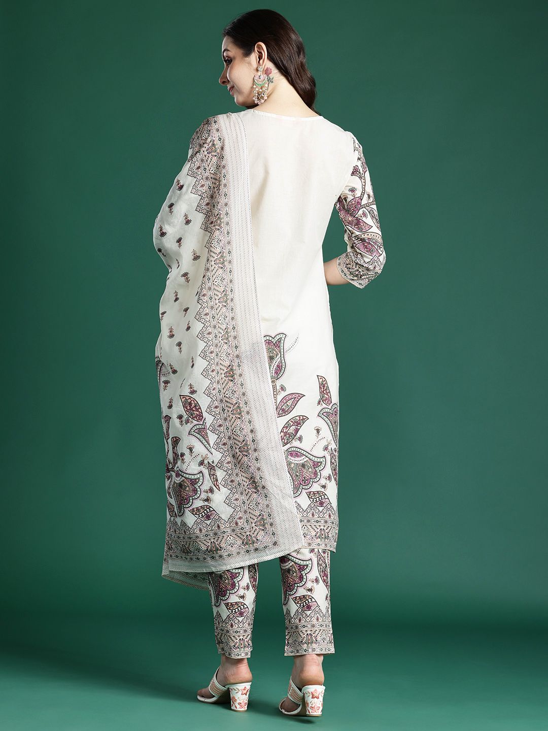 Floral Embroidered Pure Cotton Kurta with Trousers & Dupatta