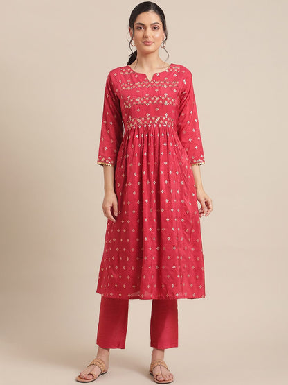 Dhiyona VA Women's Red & Gold-Toned Floral Embroidered Mirror Work Pleated Kurta With Trousers