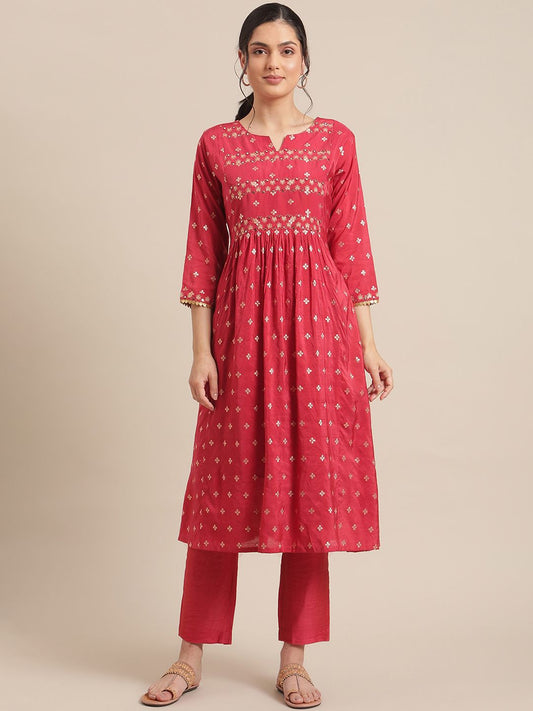 Dhiyona VA Women's Red & Gold-Toned Floral Embroidered Mirror Work Pleated Kurta With Trousers