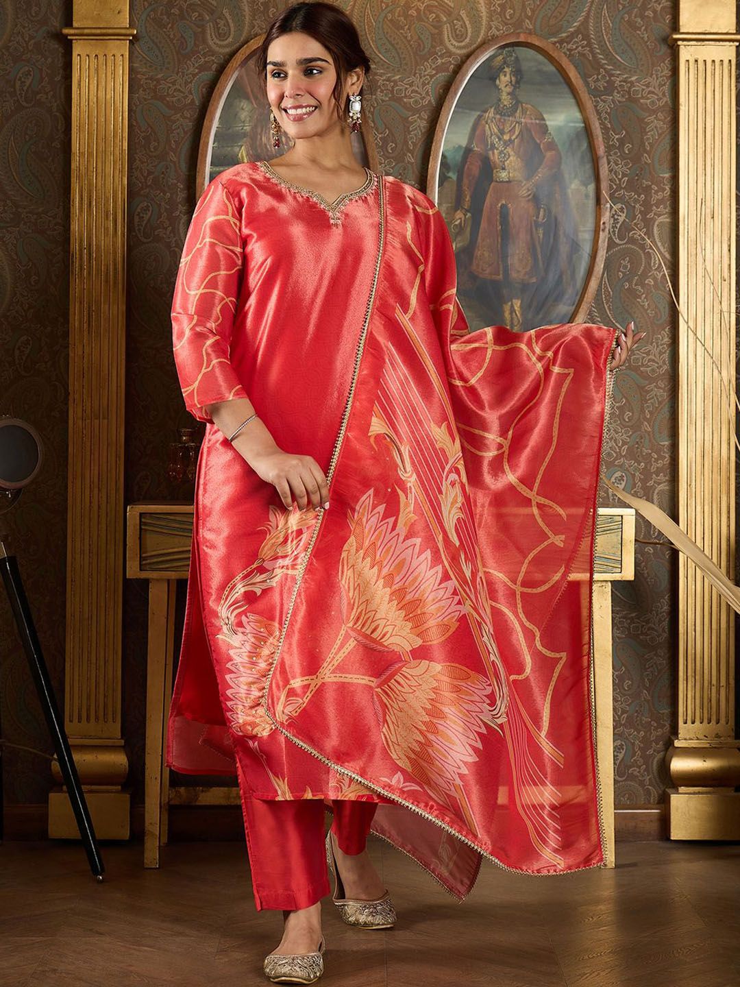 Dhiyona IE Floral Printed V-Neck Sequinned Straight Kurta With Trousers And Dupatta