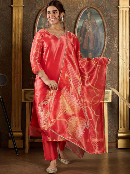 Dhiyona IE Floral Printed V-Neck Sequinned Straight Kurta With Trousers And Dupatta