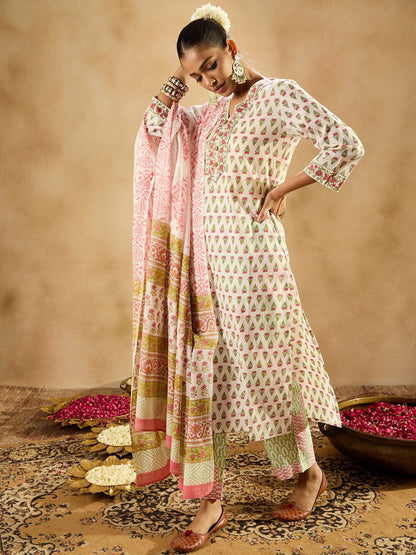 Floral Printed V-Neck Pure Cotton Straight Kurta with Trousers & With Dupatta