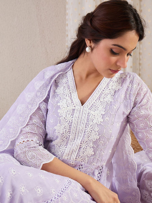 Women Floral Embroidered Cotton Kurta with Trousers & Dupatta