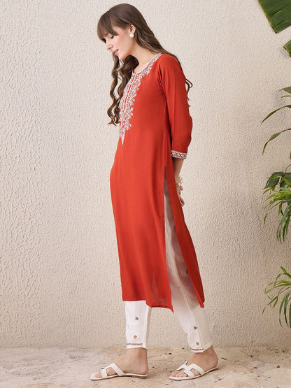 Dhiyona IE Floral Yoke Design Thread Work Cotton Straight Kurta