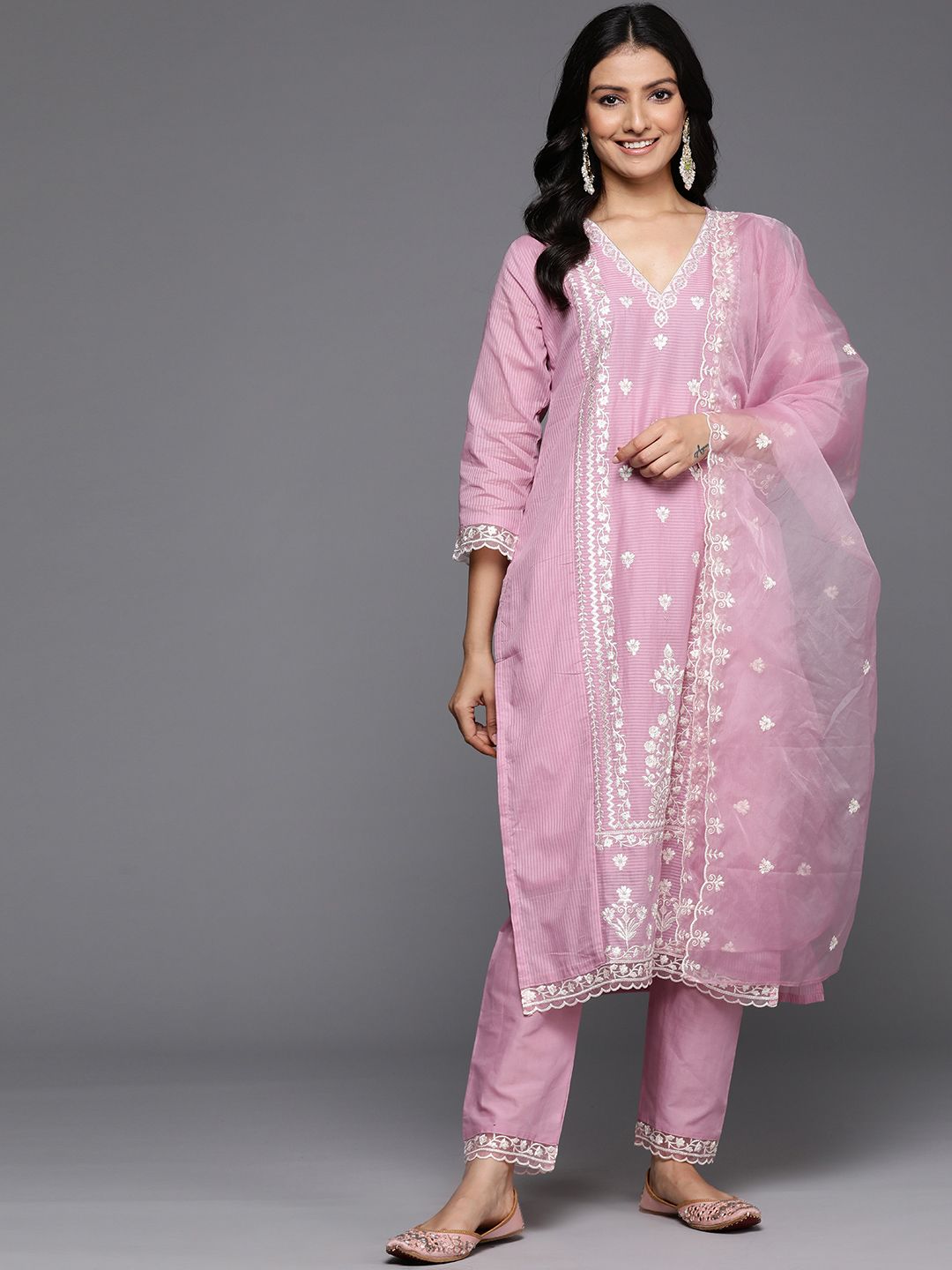 Dhiyona VA Women's Floral Embroidered Thread Work Cotton Kurta with Trousers & With Dupatta