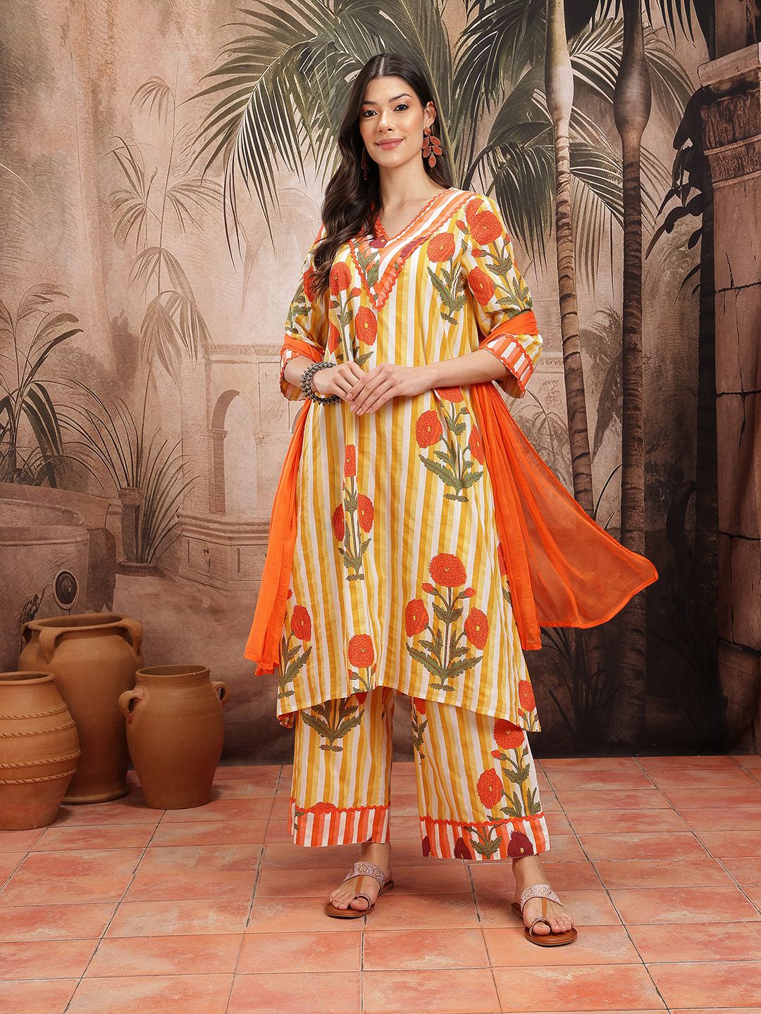 Dhiyona SN Women's Floral Striped Pure Cotton Kurta with Palazzos & Dupatta