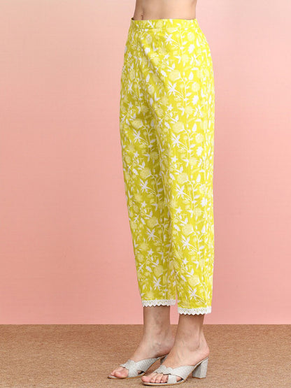 Floral Printed Regular Pure Cotton V-Neck Sleeveless Straight Kurta With Trouser