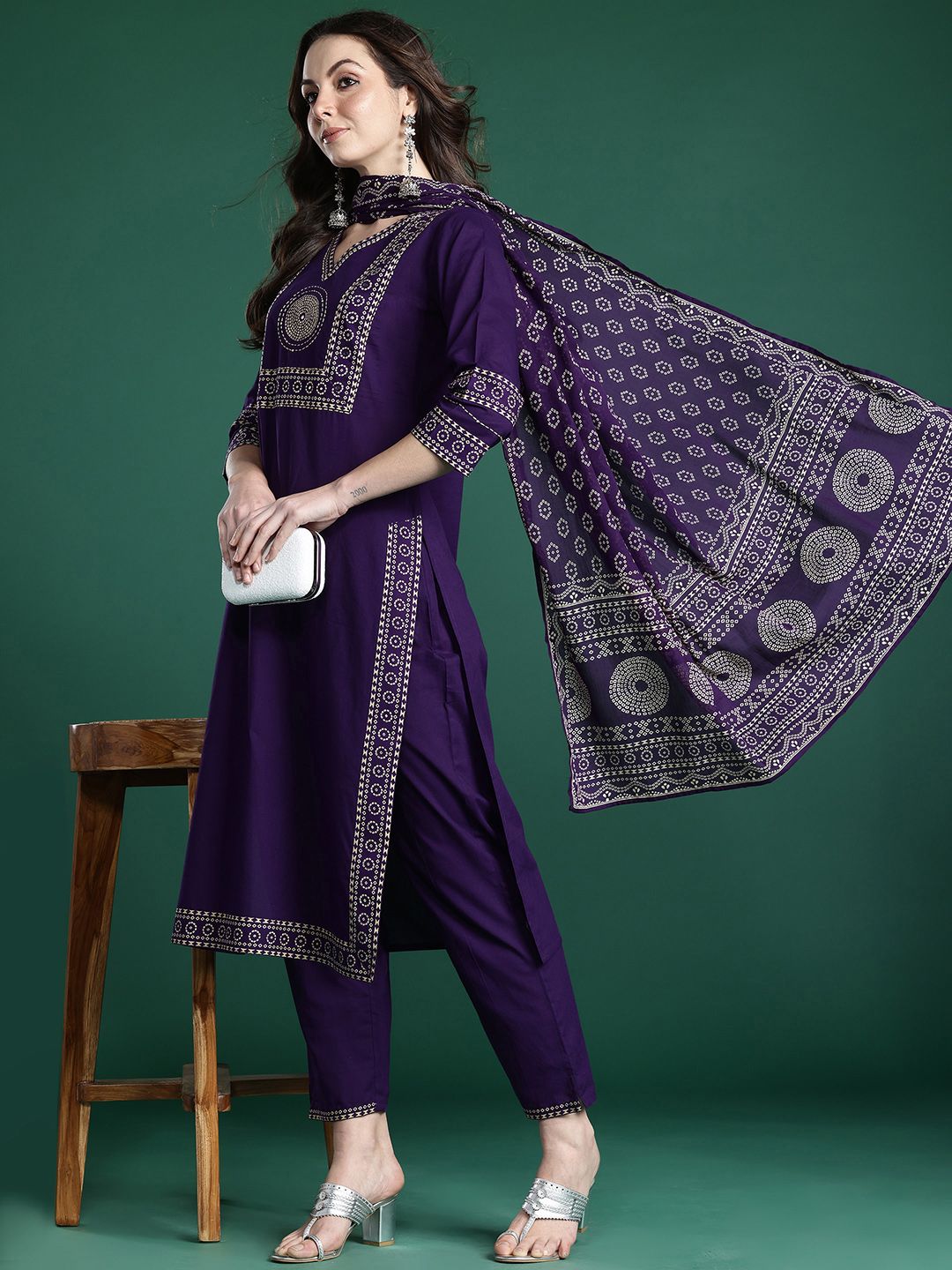 Dhiyona IE Bandhani Printed Mirror Work Pure Cotton Kurta with Trousers & With Dupatta