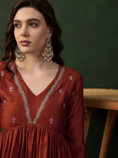 Dhiyona SN Women's Rust Brown Floral Embroidered Empire Anarkali Kurta With Palazzos