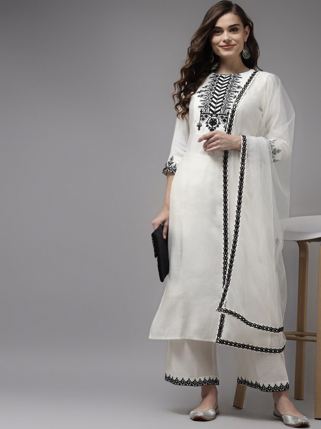 Dhiyona IE Women White Yoke Design Regular Kurta with Palazzos & With Dupatta