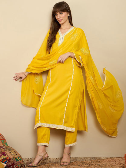 Dhiyona IE Straight Mirror Work Kurta with Trousers & Dupatta