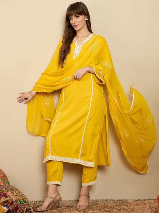 Dhiyona IE Straight Mirror Work Kurta with Trousers & Dupatta