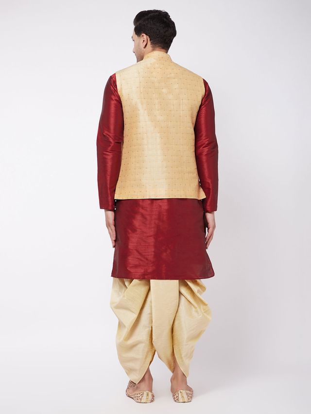 Men's Maroon Silk Blend Straight Jacket  Kurta and Dhoti Set
