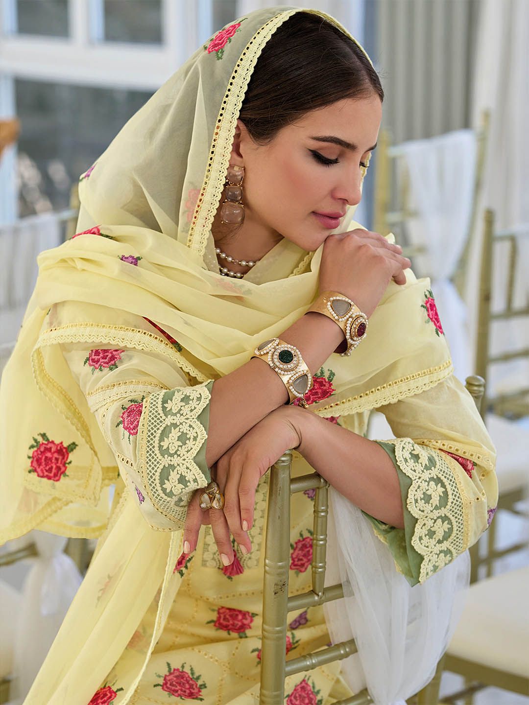 Floral Embroidered V-Neck Pure Cotton Straight Kurta With Trousers & Dupatta