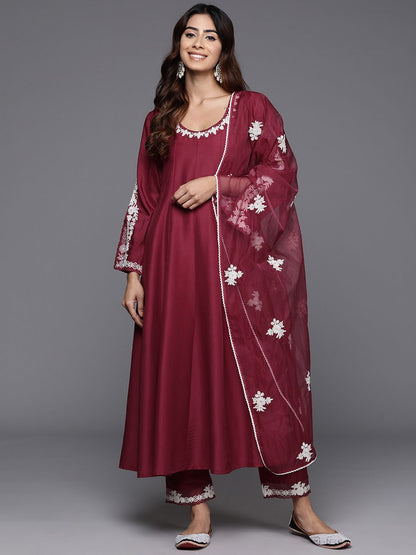 Dhiyona VA Women's Embroidered Thread Work Anarkali Kurta with Trousers & With Dupatta