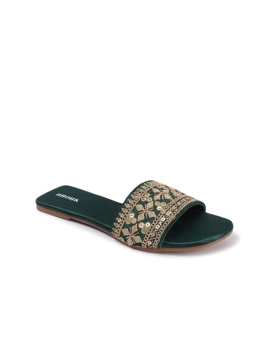 Dhiyona AK Green Embellished Open Toe Flats
