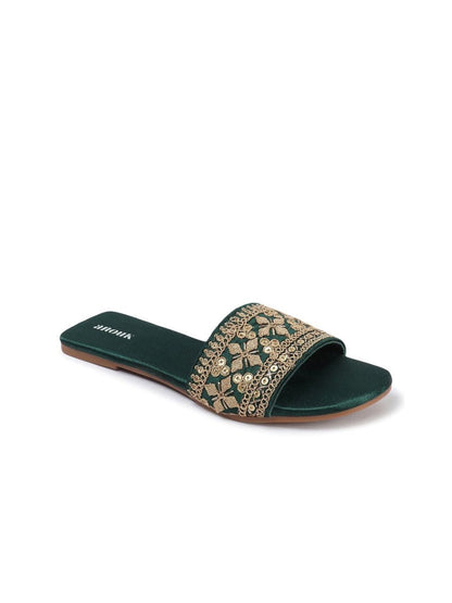 Dhiyona AK Green Embellished Open Toe Flats
