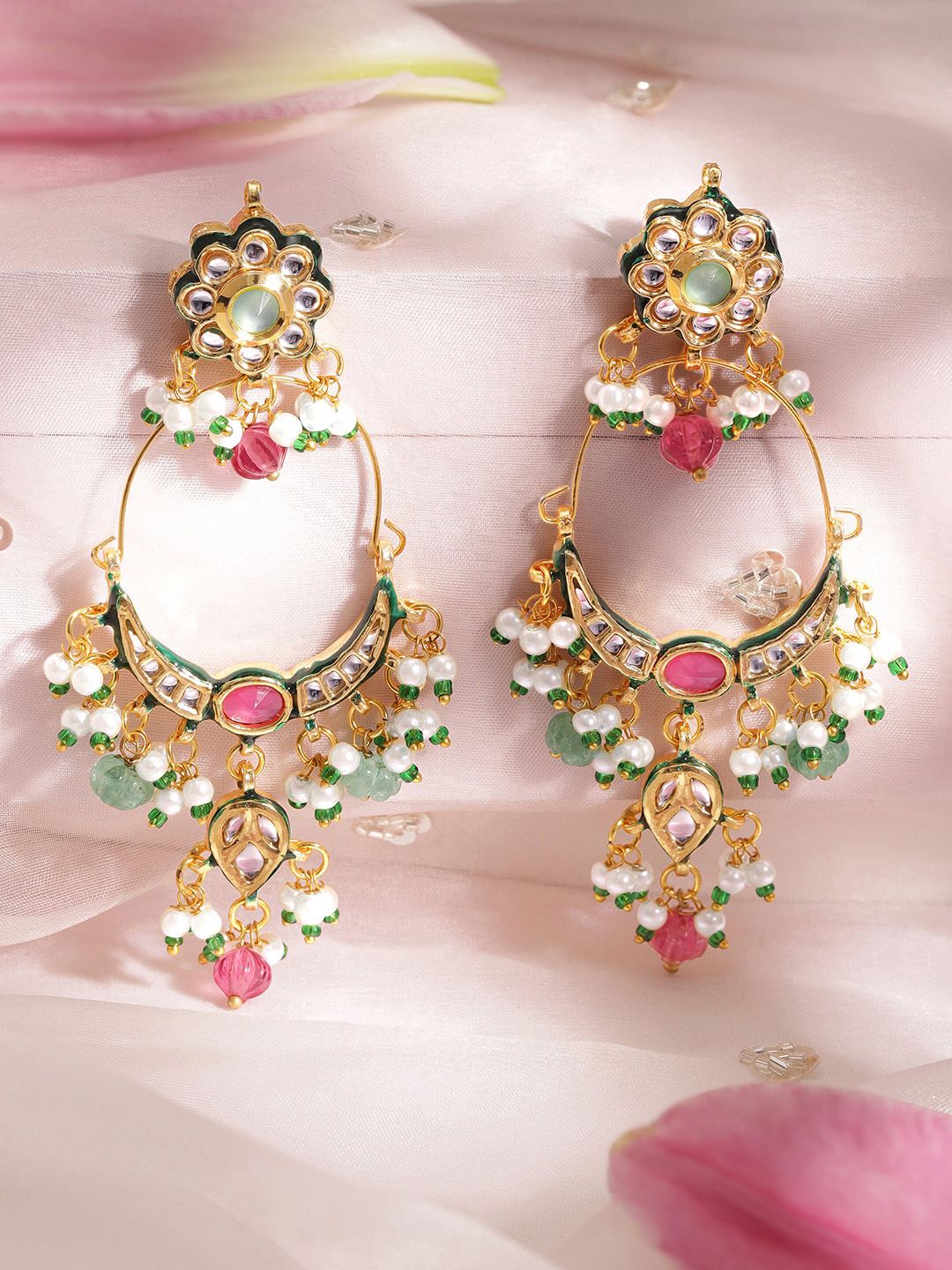 Dhiyona RJ Women's 22K Gold-Plated Multi-Color Stone & Kundan Studded Chandbali Earrings with Beads