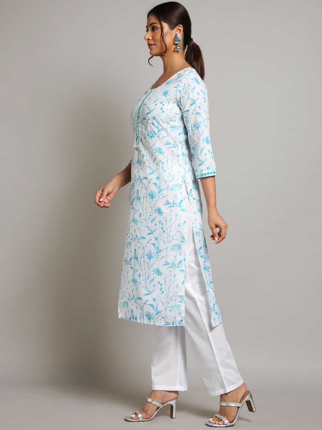 Dhiyona OD  Floral Printed Sequinned Linen Kurta with Trousers & Dupatta