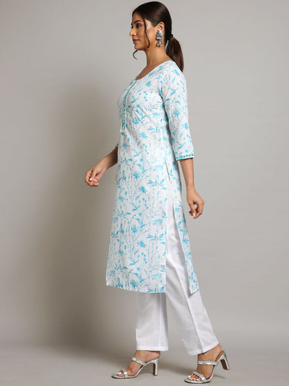 Dhiyona OD  Floral Printed Sequinned Linen Kurta with Trousers & Dupatta