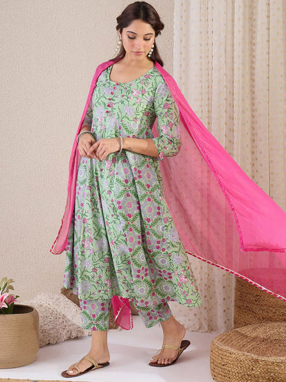 Dhiyona IE Floral Printed V-Neck Pure Cotton A-Line Kurta & Trousers With Dupatta