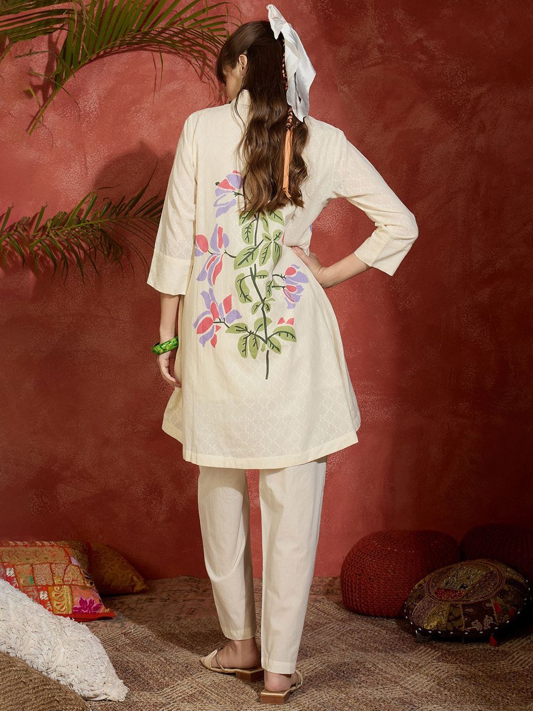 Dhiyona IE Floral Printed Shirt Collar A-Line Pure Cotton Kurta With Trousers