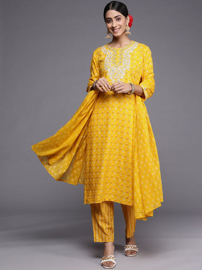 Dhiyona IE Women Mustard Yellow Floral Printed Thread Work Kurta with Trousers & With Dupatta